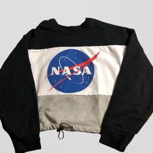 NASA logo cinched sweatshirt black white and gray with elastic adjustable waist